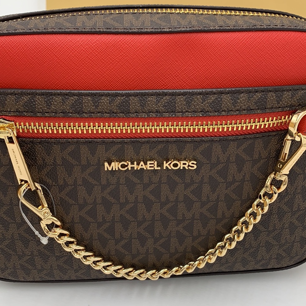 MICHAEL KORS LARGE EAST WEST ZIP CHAIN XBODY FLAME MULTI/ BROWN - Picture 9 of 16